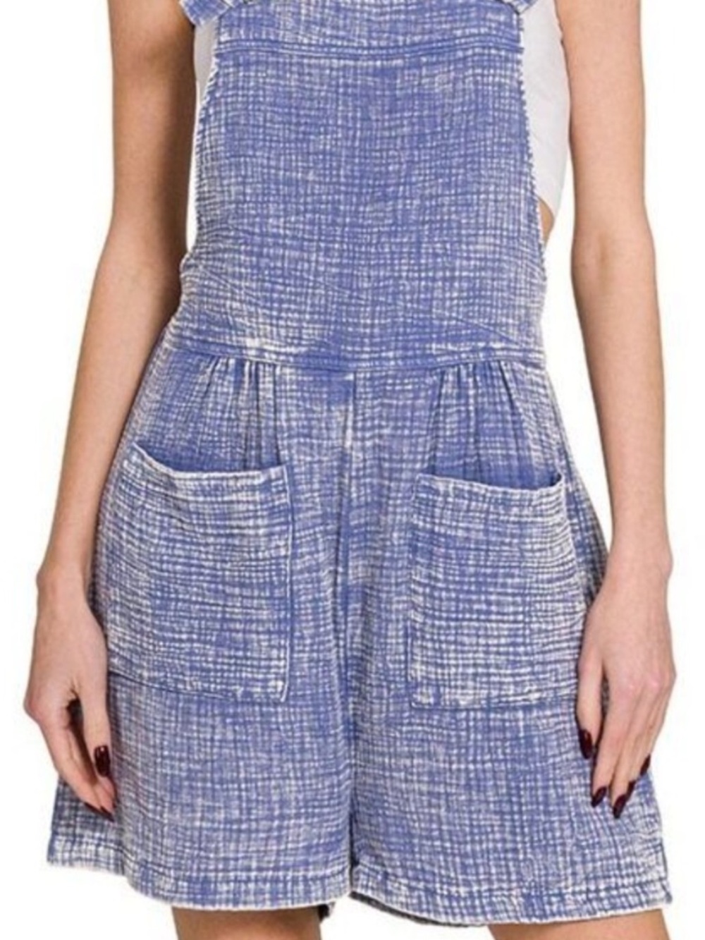 Zenana Blue Textured Cotton Romper with Front Pockets